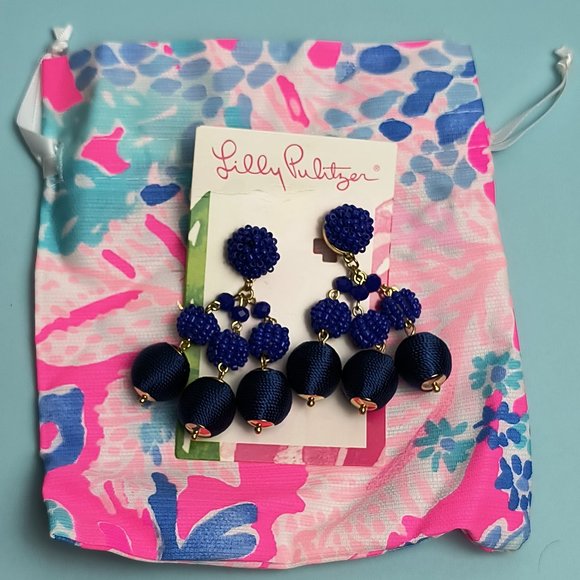 Lilly Pulitzer Salsa Copa Clip On Earrings Bright Navy Statement Earrings - Picture 3 of 5